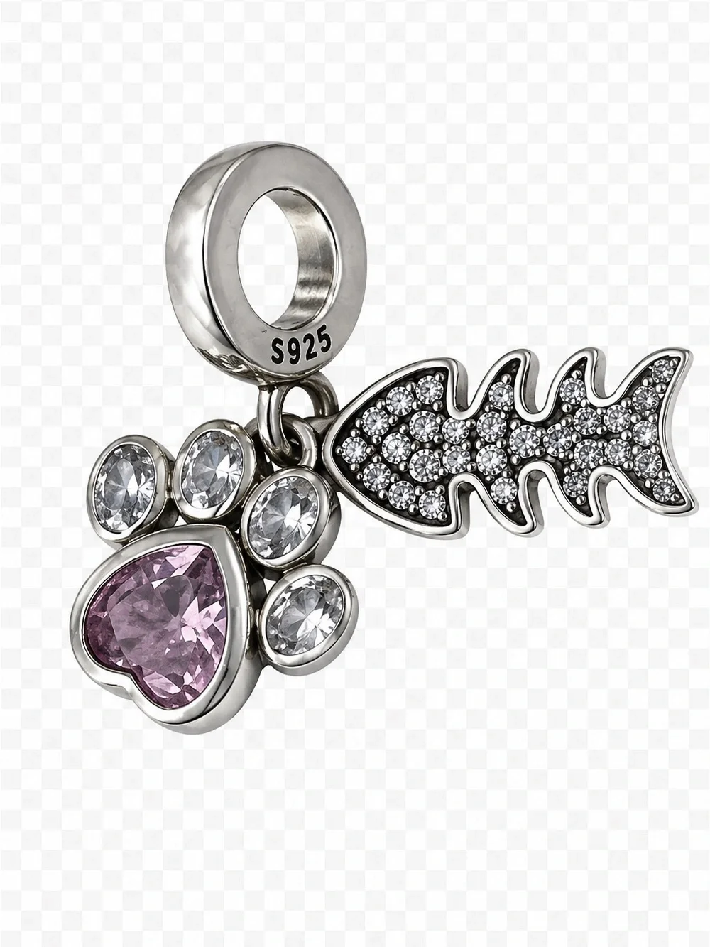 S925 Pink Paw Print & Fish Bone Dangle Charm Pendant